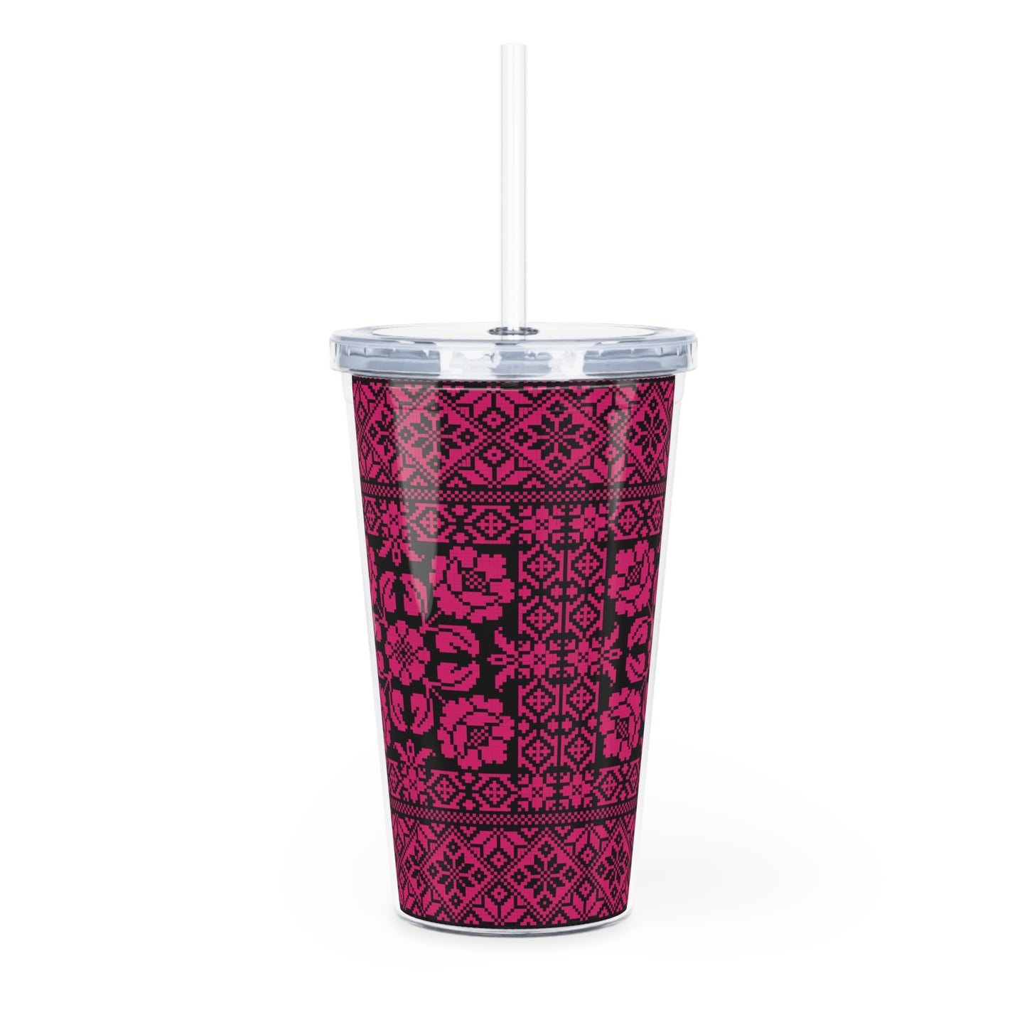 Palestinian Tatreez Embroidery Plastic Tumbler with Straw