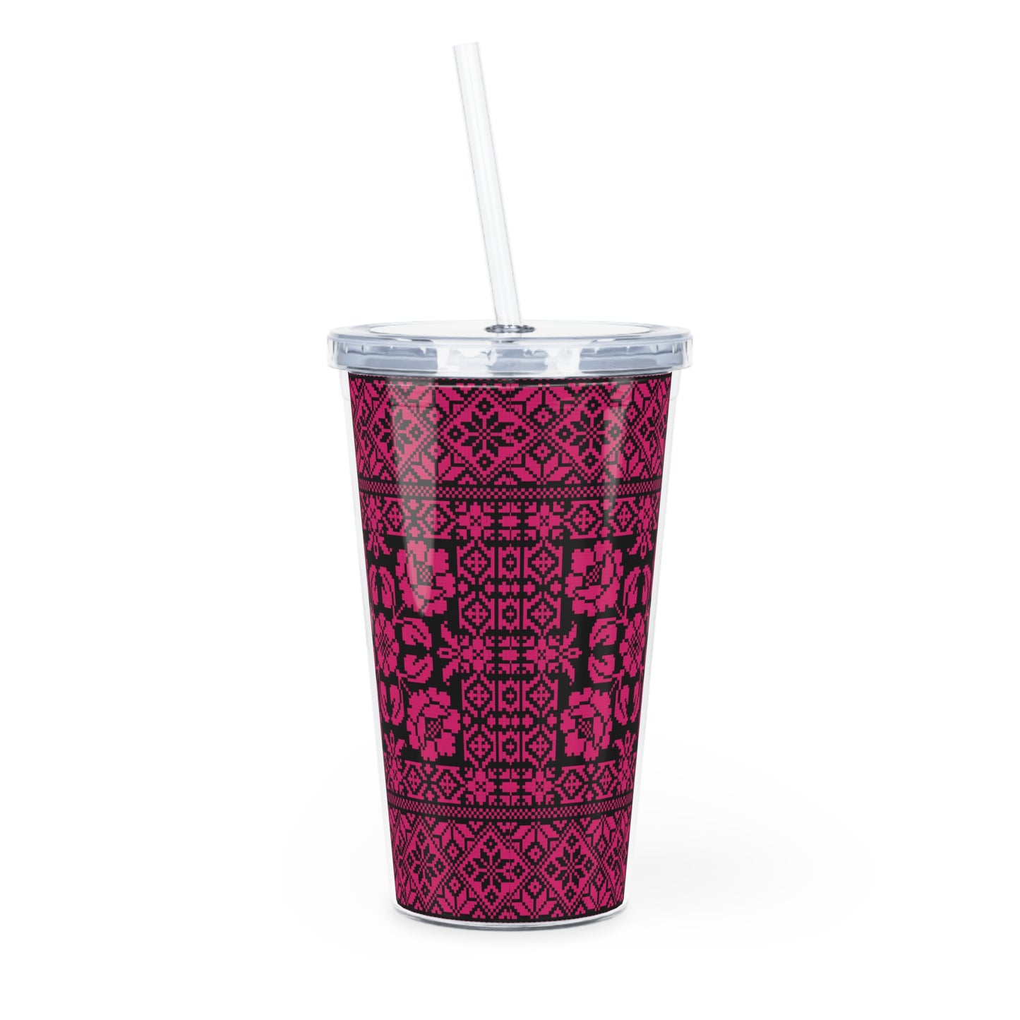 Palestinian Tatreez Embroidery Plastic Tumbler with Straw